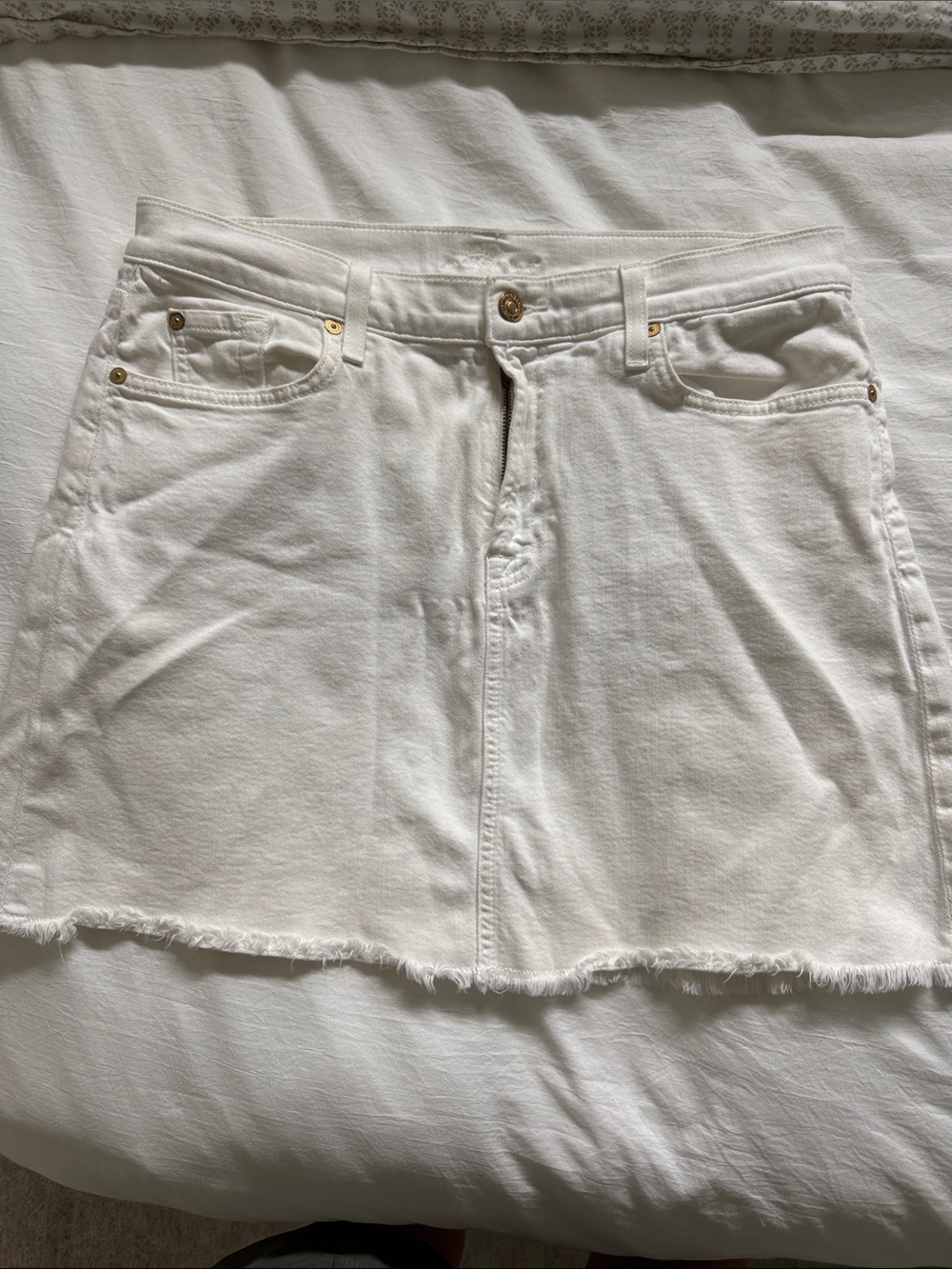 7 For All Mankind White Denim Mini Skirt with Frayed Hem Detail
